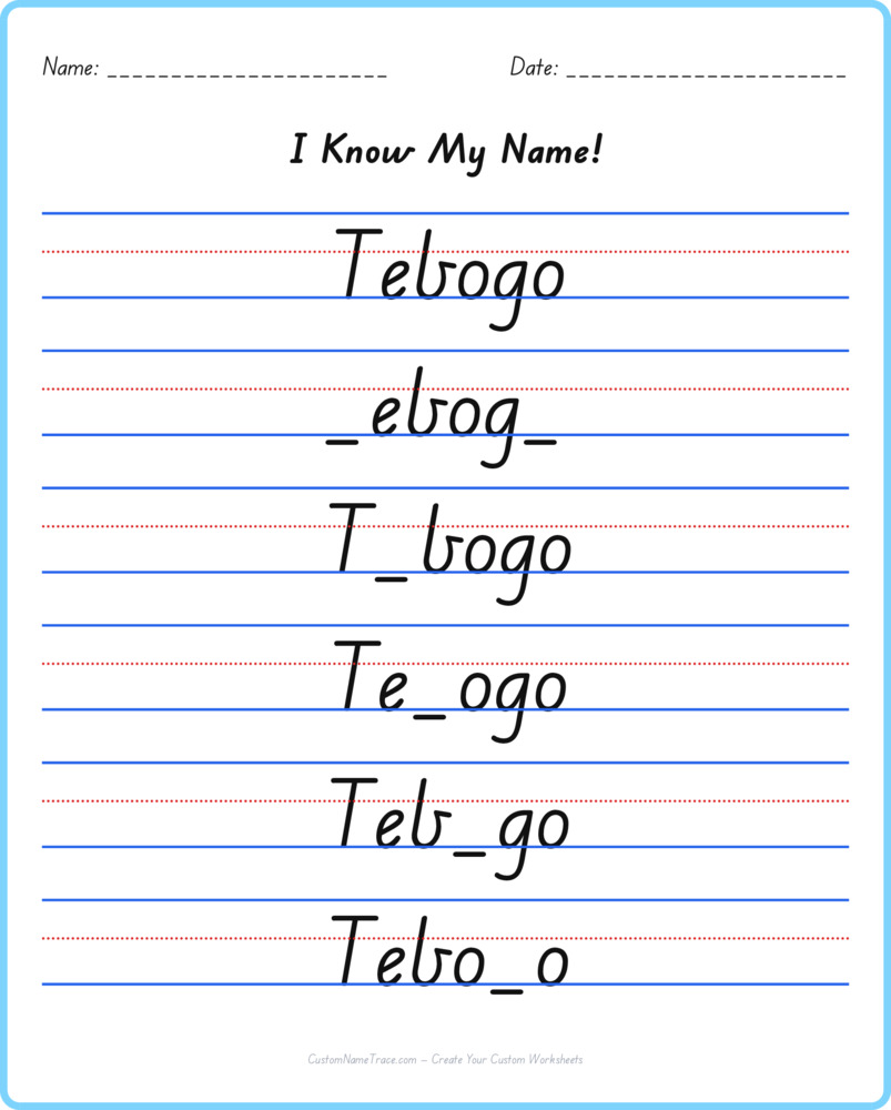 Free Tebogo custom name tracing - fill-in-the-blank free worksheet