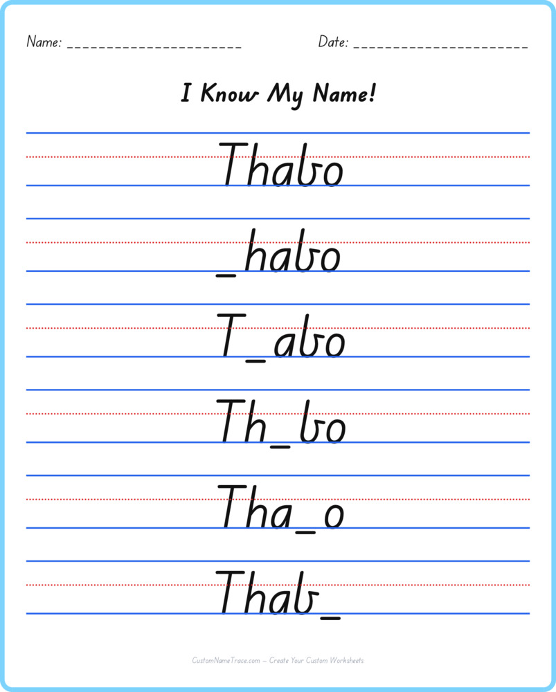 Free Thabo custom name tracing - fill-in-the-blank free worksheet