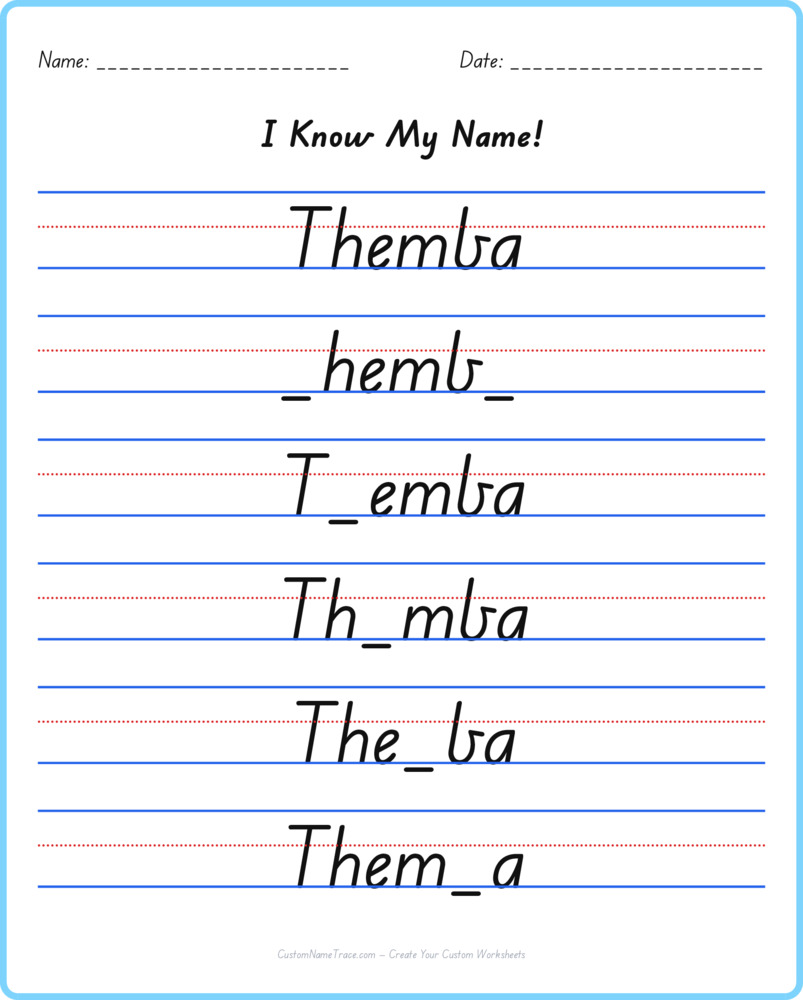 Free Themba custom name tracing - fill-in-the-blank free worksheet