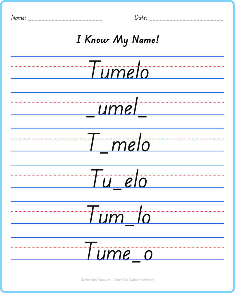 Free Tumelo custom name tracing - fill-in-the-blank free worksheet