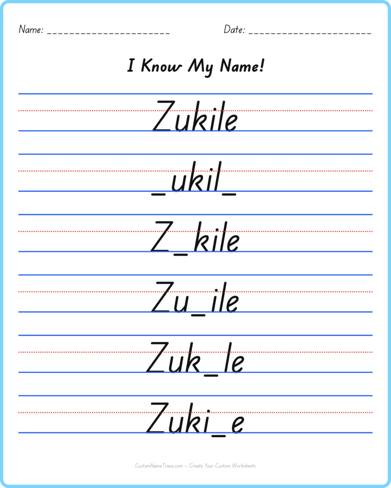 Free Zukile custom name tracing - fill-in-the-blank free worksheet