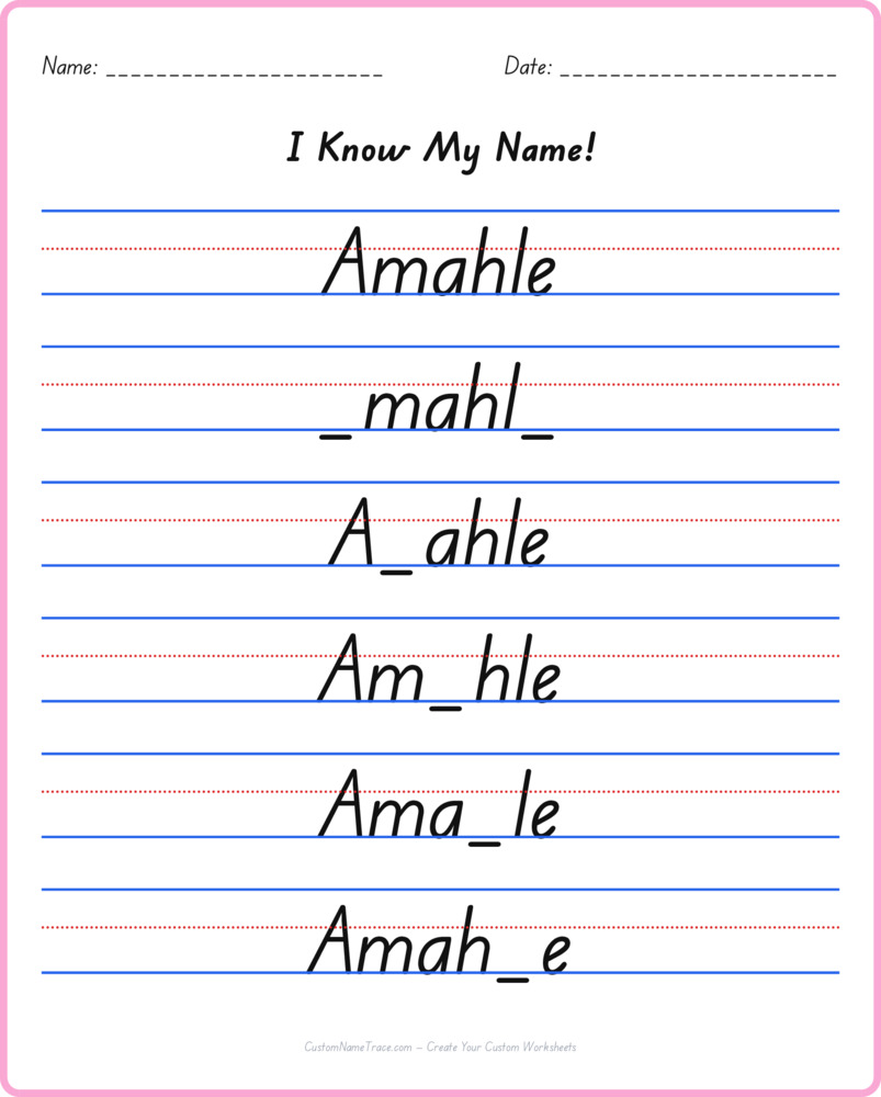 Free Amahle custom name tracing - fill-in-the-blank free worksheet