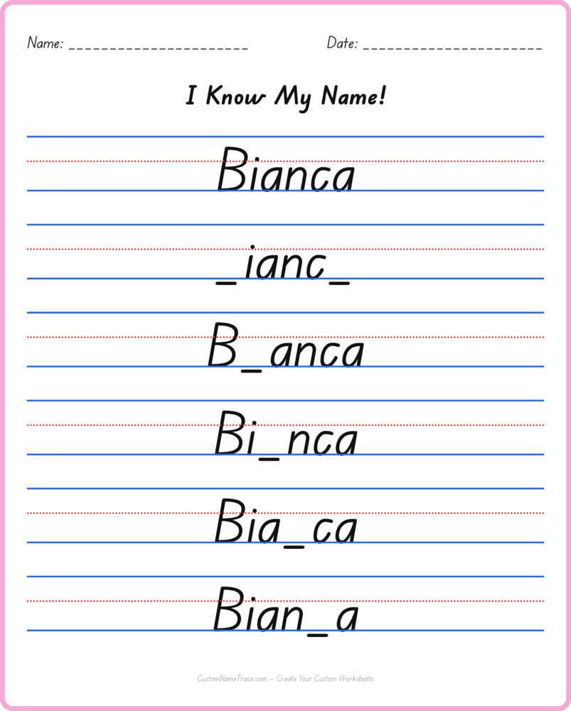 Free Bianca custom name tracing - fill-in-the-blank free worksheet