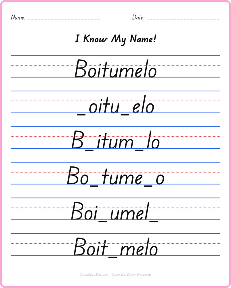 Free Boitumelo custom name tracing - fill-in-the-blank free worksheet