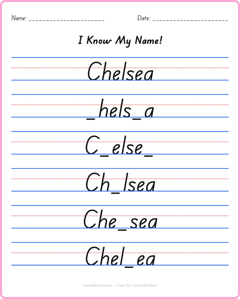 Free Chelsea custom name tracing - fill-in-the-blank free worksheet