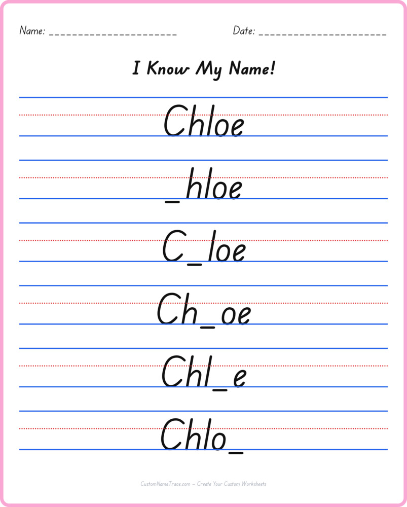 Free Chloe custom name tracing - fill-in-the-blank free worksheet