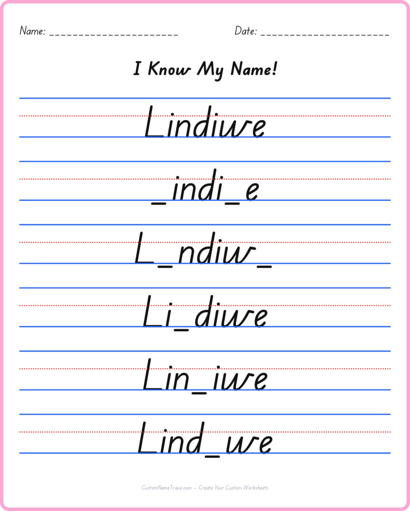 Free Lindiwe custom name tracing - fill-in-the-blank free worksheet