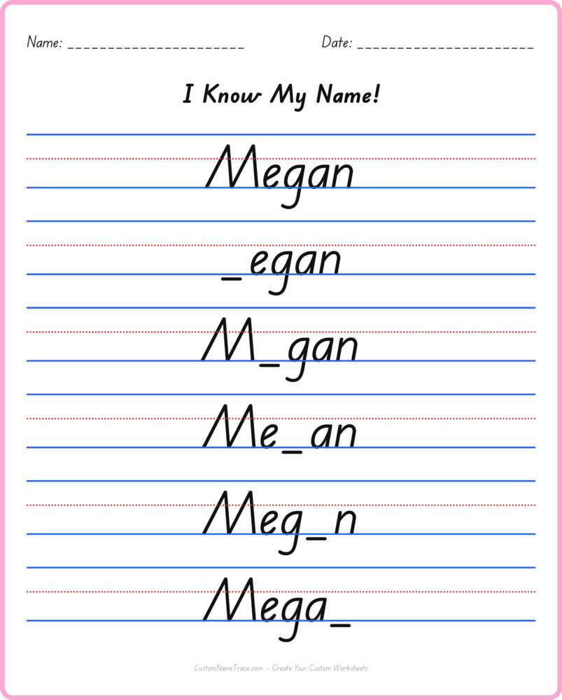 Free Megan custom name tracing - fill-in-the-blank free worksheet