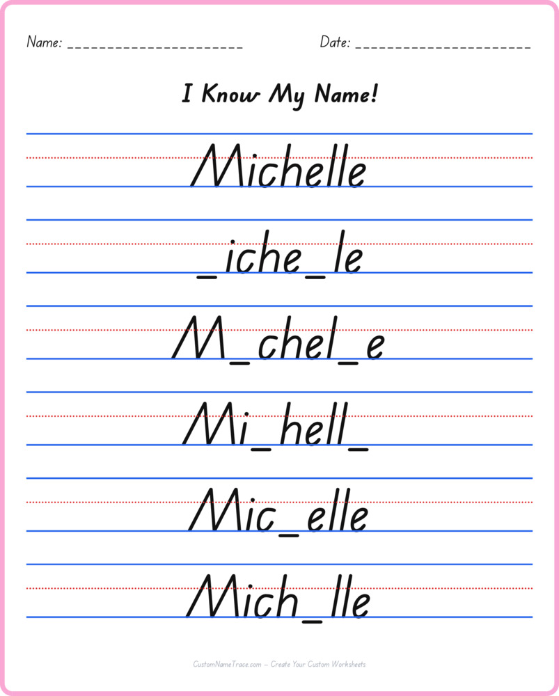 Free Michelle custom name tracing - fill-in-the-blank free worksheet
