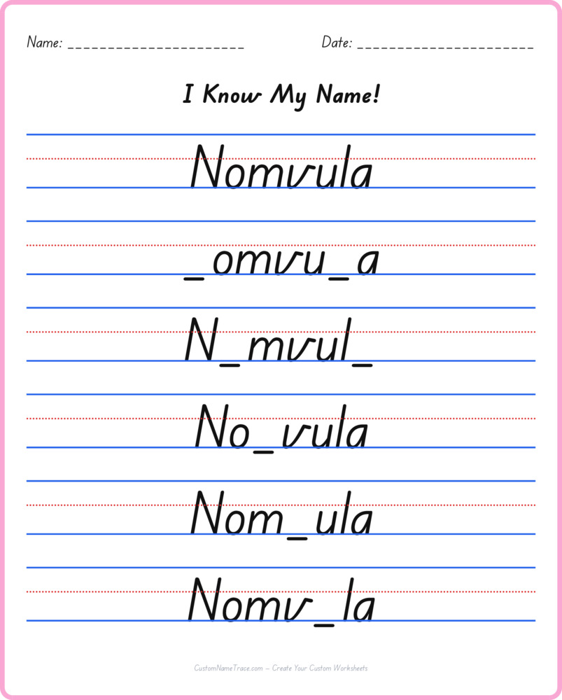 Free Nomvula custom name tracing - fill-in-the-blank free worksheet