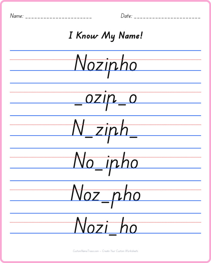 Free Nozipho custom name tracing - fill-in-the-blank free worksheet