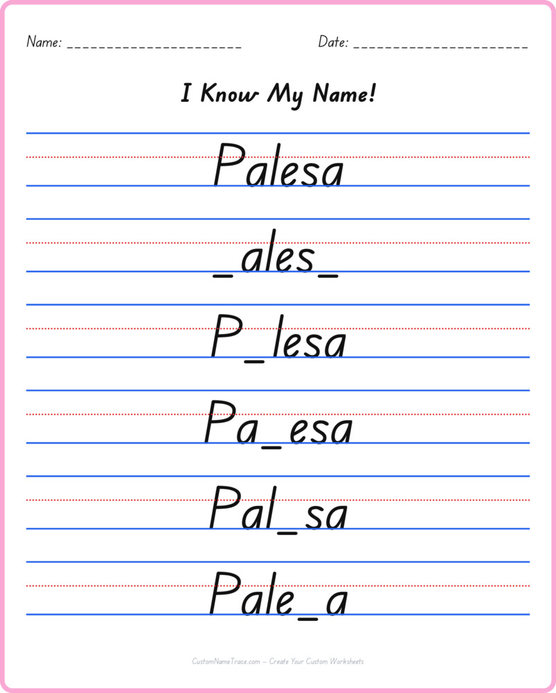 Free Palesa custom name tracing - fill-in-the-blank free worksheet