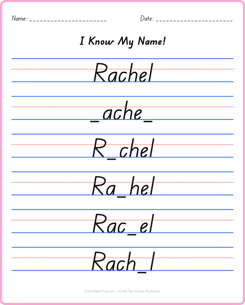 Free Rachel custom name tracing - fill-in-the-blank free worksheet