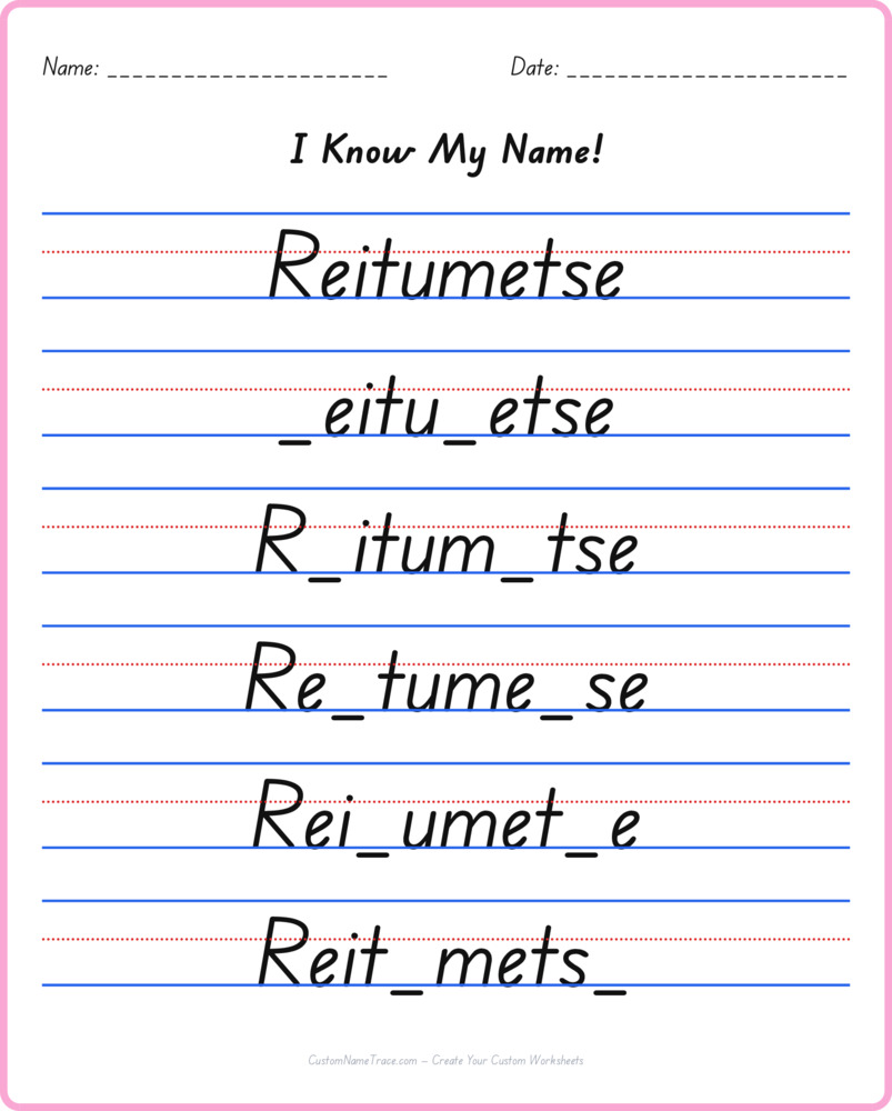 Free Reitumetse custom name tracing - fill-in-the-blank free worksheet