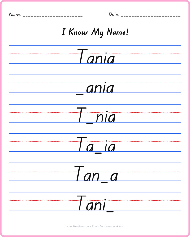 Free Tania custom name tracing - fill-in-the-blank free worksheet