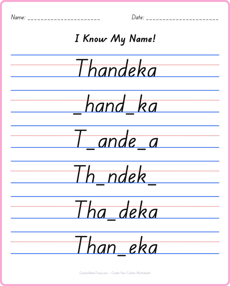 Free Thandeka custom name tracing - fill-in-the-blank free worksheet