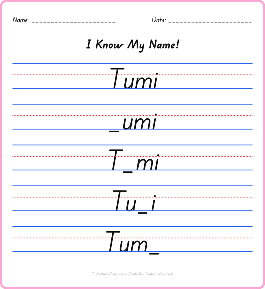 Free Tumi custom name tracing - fill-in-the-blank free worksheet