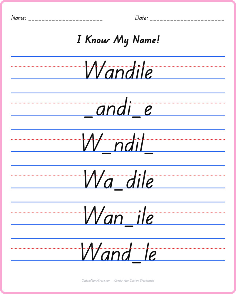 Free Wandile custom name tracing - fill-in-the-blank free worksheet