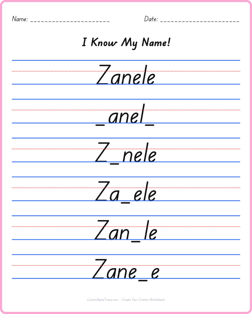 Free Zanele custom name tracing - fill-in-the-blank free worksheet