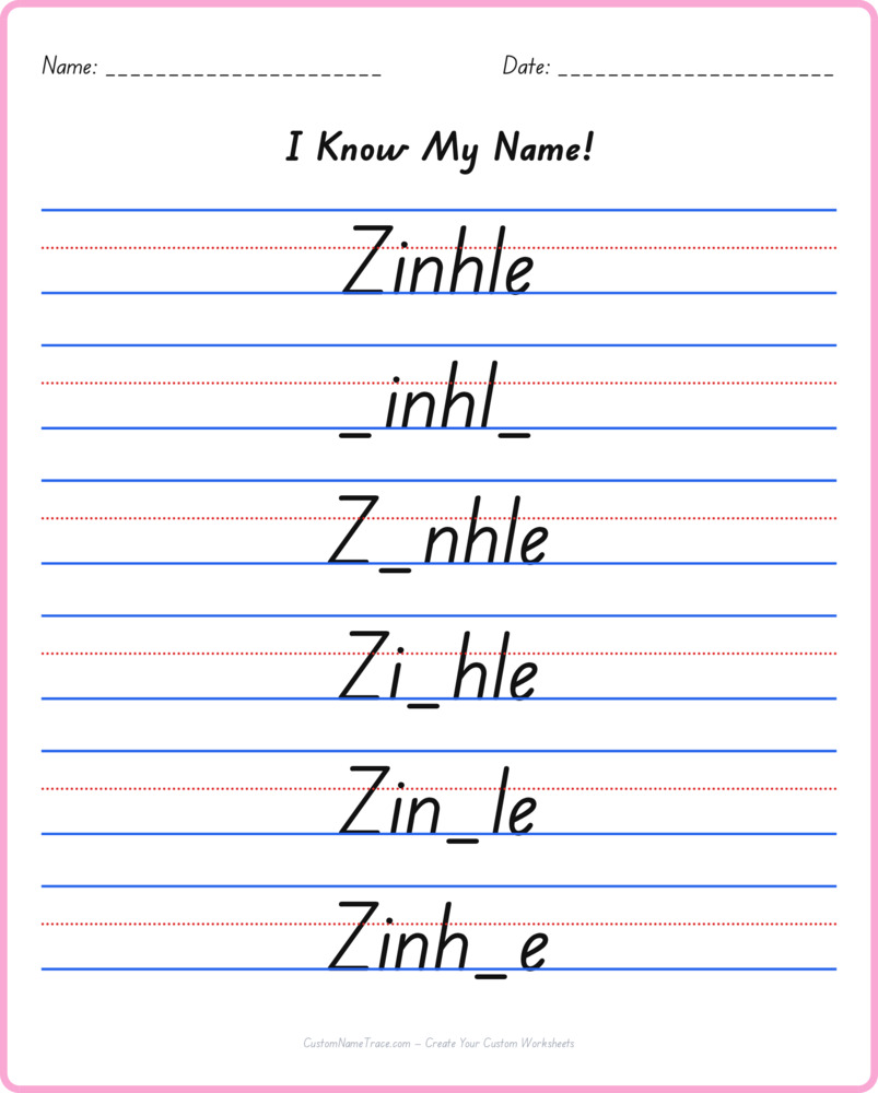 Free Zinhle custom name tracing - fill-in-the-blank free worksheet