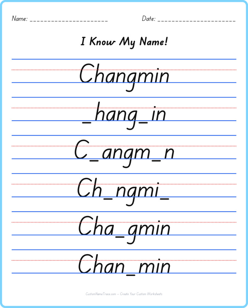 Free Changmin custom name tracing - fill-in-the-blank free worksheet