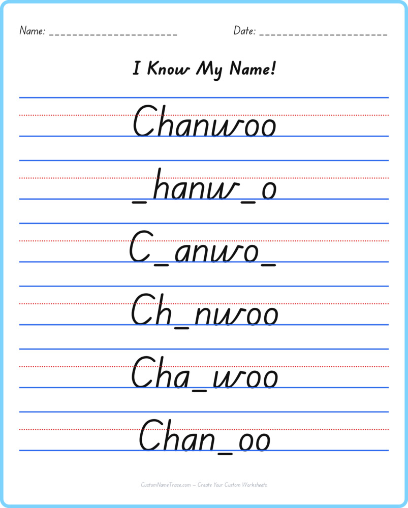 Free Chanwoo custom name tracing - fill-in-the-blank free worksheet