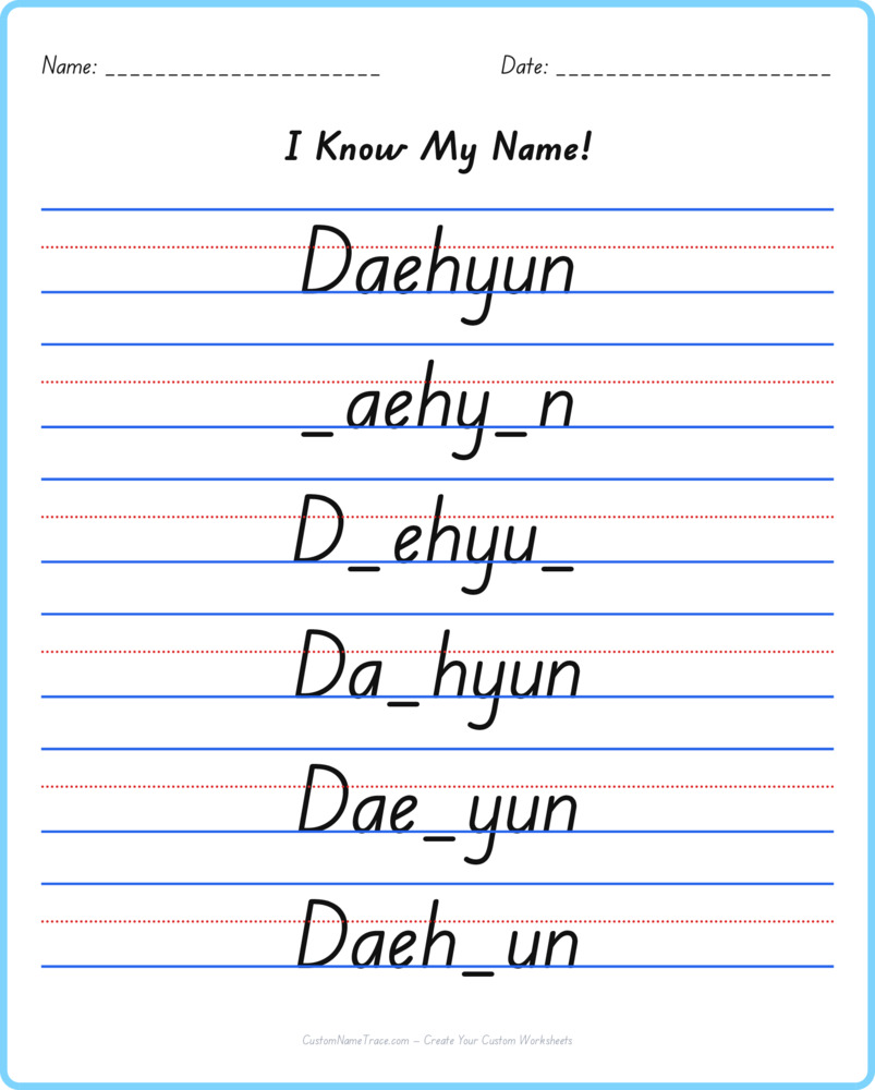 Free Daehyun custom name tracing - fill-in-the-blank free worksheet