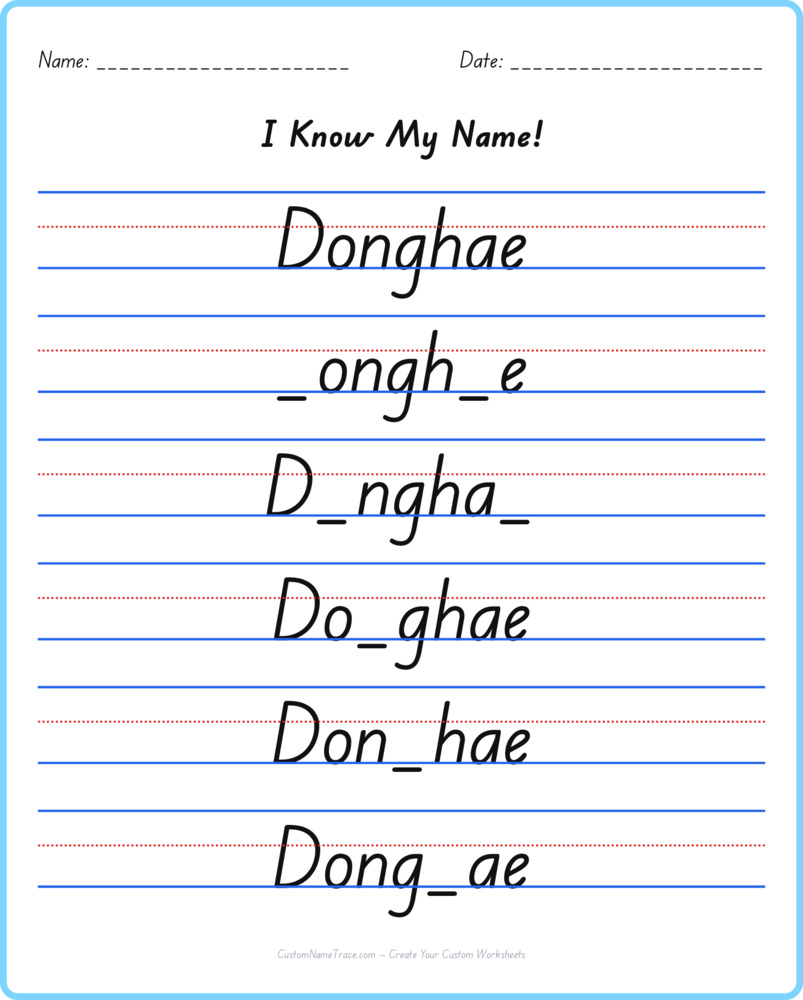 Free Donghae custom name tracing - fill-in-the-blank free worksheet