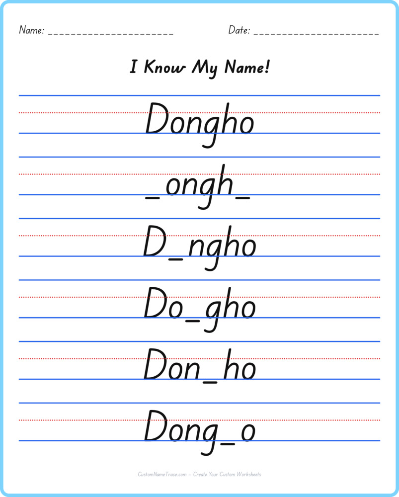 Free Dongho custom name tracing - fill-in-the-blank free worksheet
