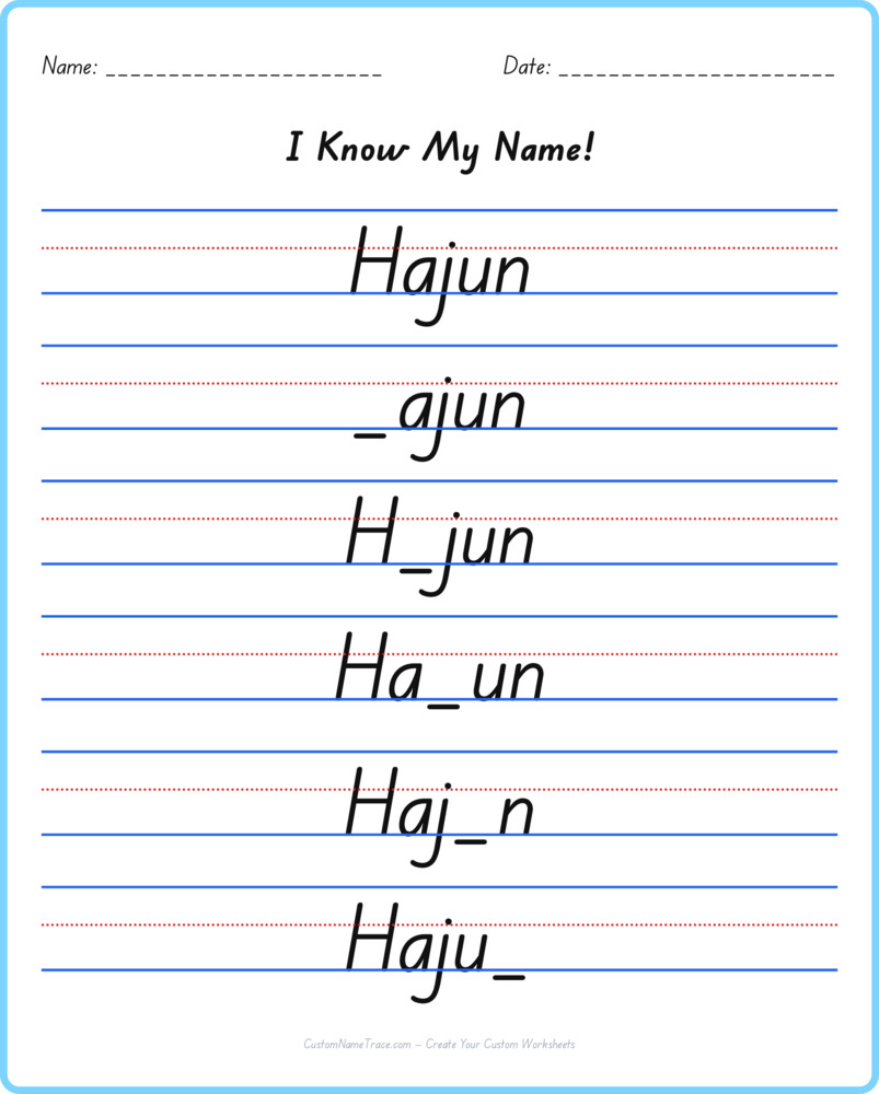 Free Hajun custom name tracing - fill-in-the-blank free worksheet