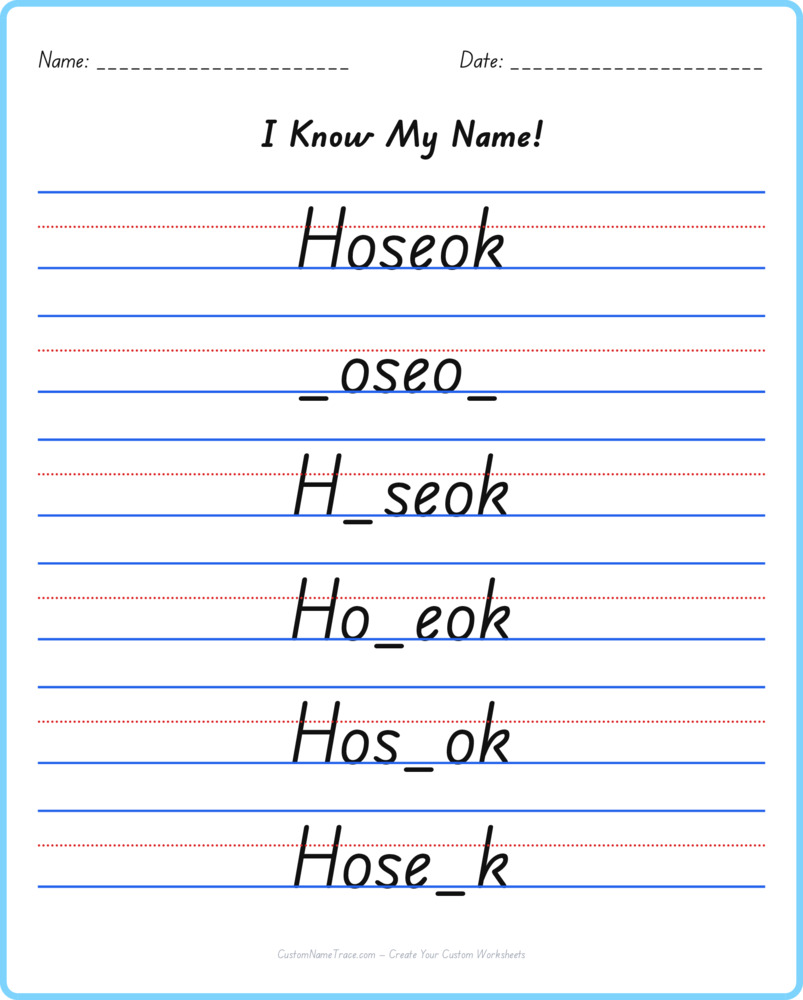Free Hoseok custom name tracing - fill-in-the-blank free worksheet