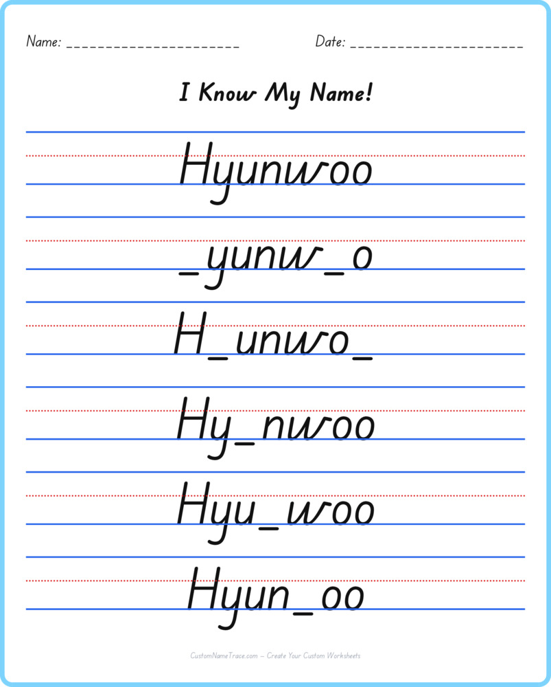Free Hyunwoo custom name tracing - fill-in-the-blank free worksheet