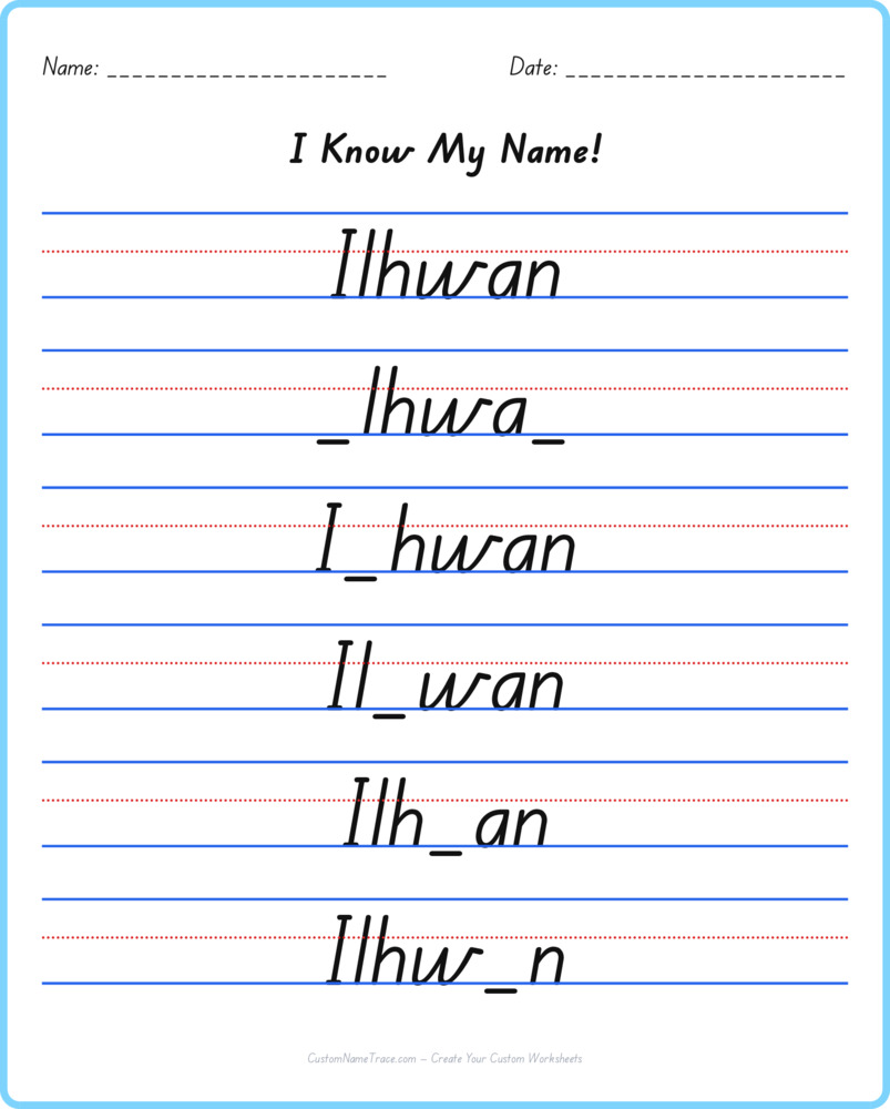 Free Ilhwan custom name tracing - fill-in-the-blank free worksheet