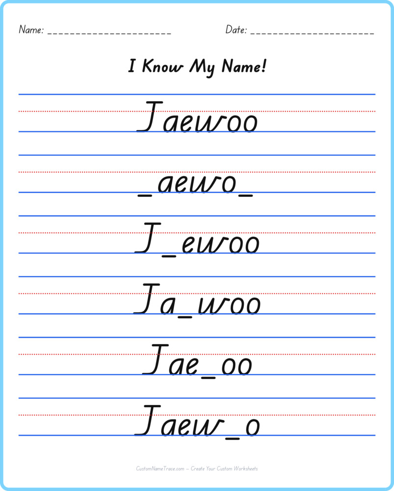 Free Jaewoo custom name tracing - fill-in-the-blank free worksheet
