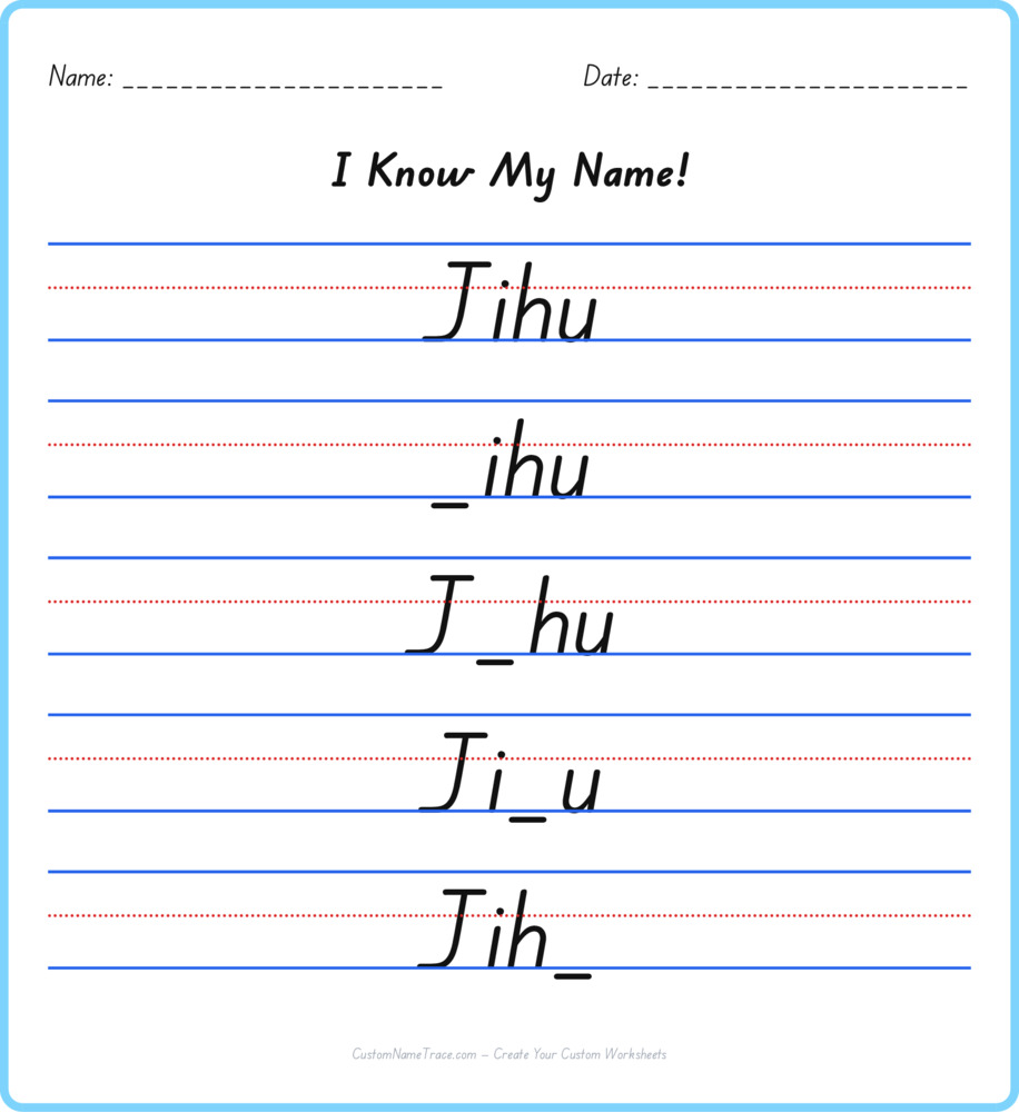 Free Jihu custom name tracing - fill-in-the-blank free worksheet