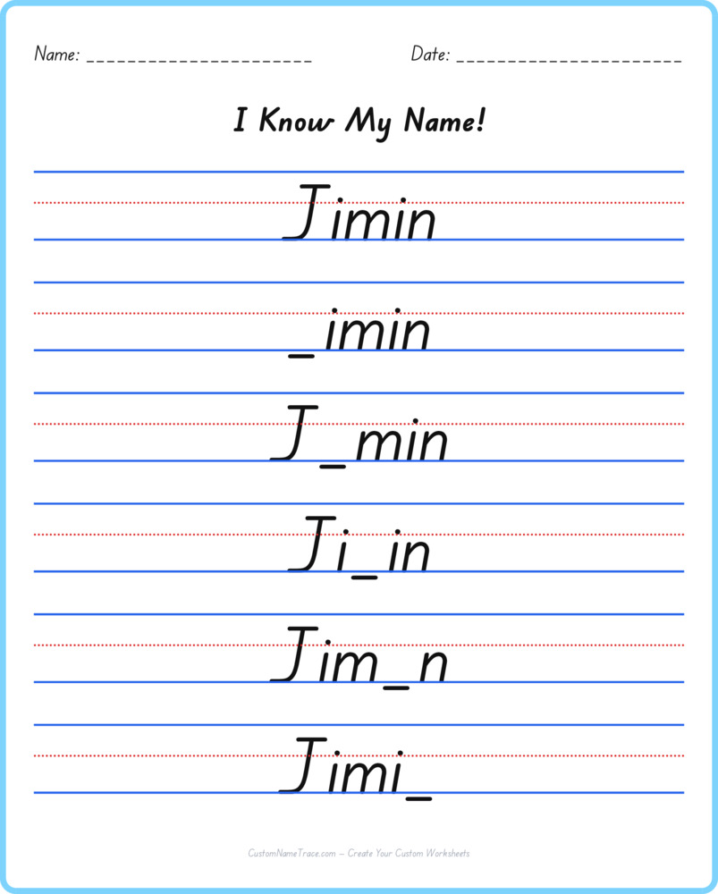 Free Jimin custom name tracing - fill-in-the-blank free worksheet