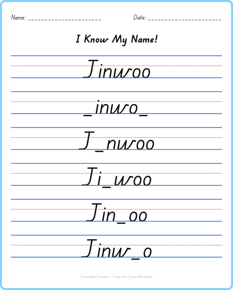 Free Jinwoo custom name tracing - fill-in-the-blank free worksheet