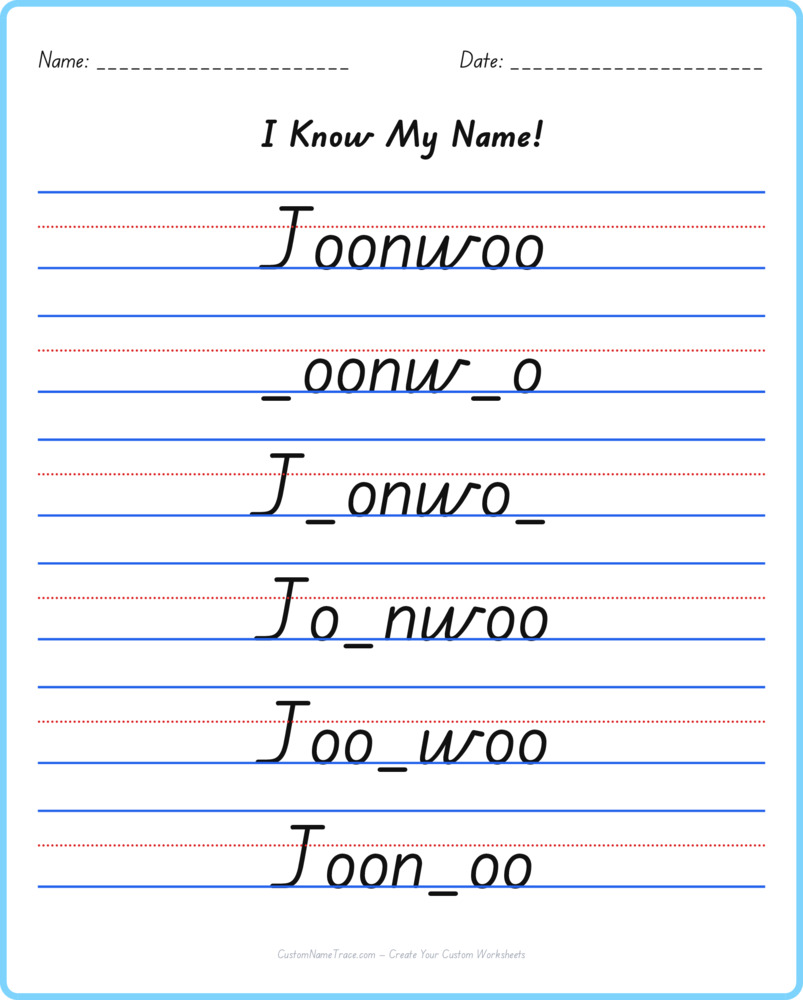 Free Joonwoo custom name tracing - fill-in-the-blank free worksheet