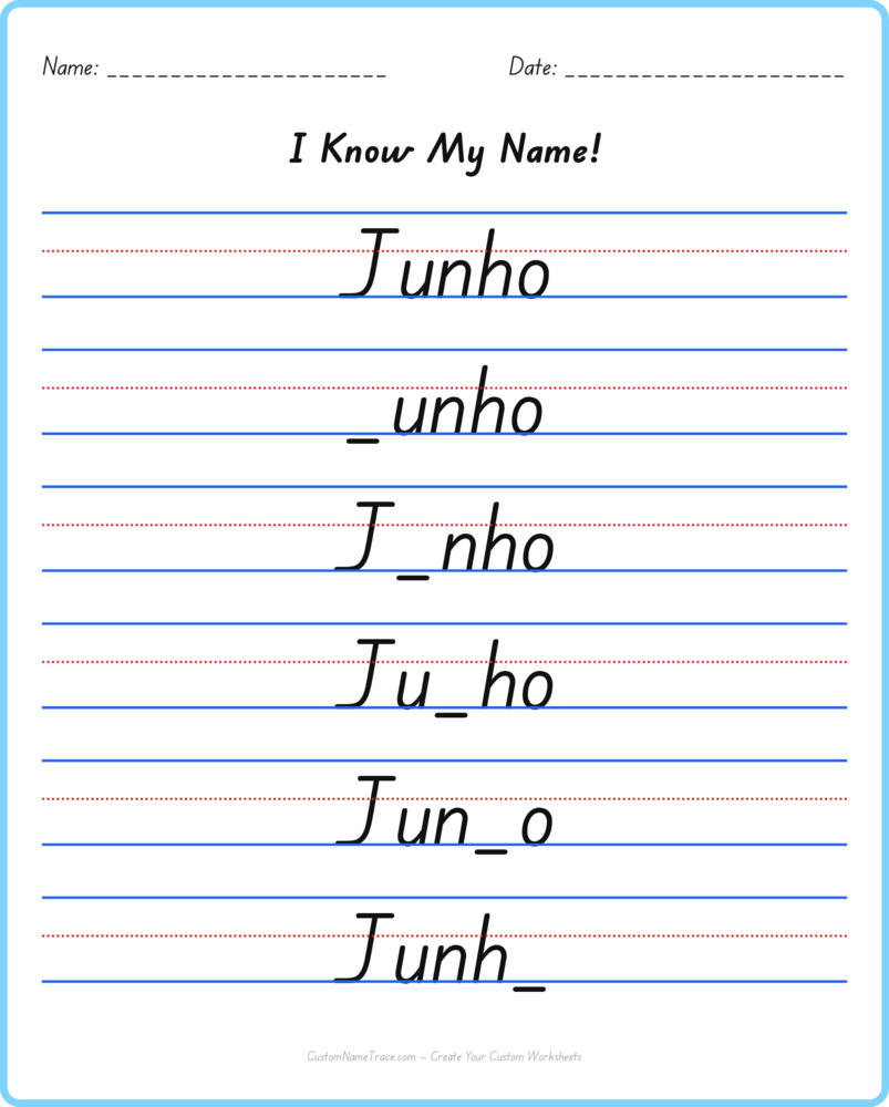 Free Junho custom name tracing - fill-in-the-blank free worksheet