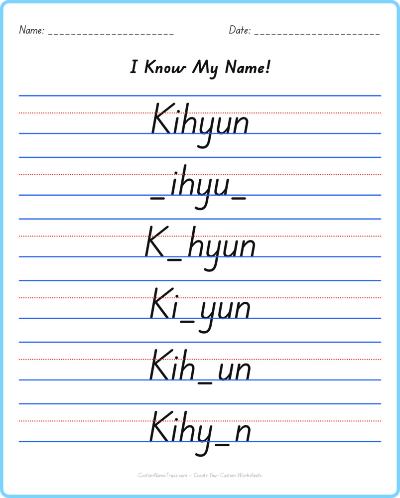 Free Kihyun custom name tracing - fill-in-the-blank free worksheet