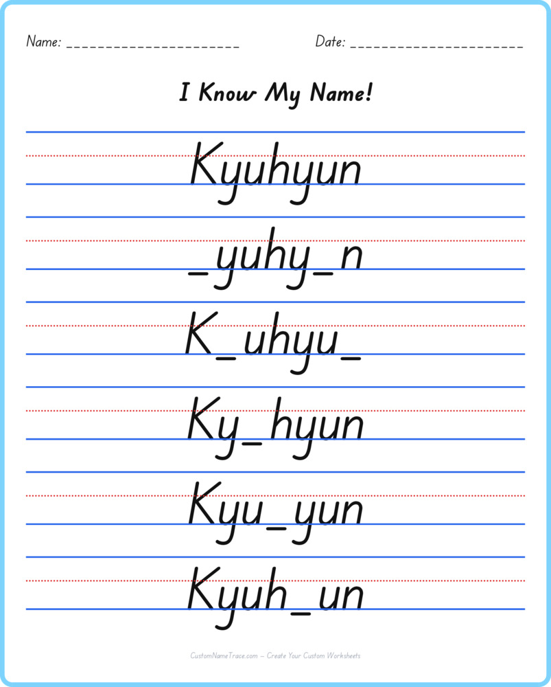 Free Kyuhyun custom name tracing - fill-in-the-blank free worksheet