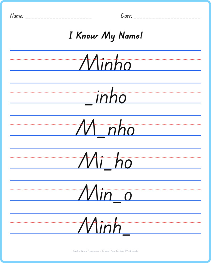Free Minho custom name tracing - fill-in-the-blank free worksheet