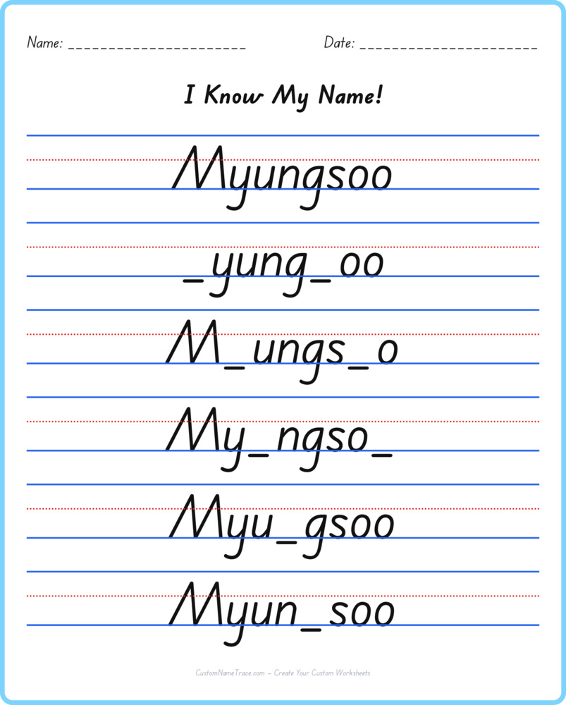 Free Myungsoo custom name tracing - fill-in-the-blank free worksheet