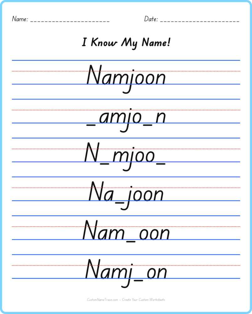 Free Namjoon custom name tracing - fill-in-the-blank free worksheet