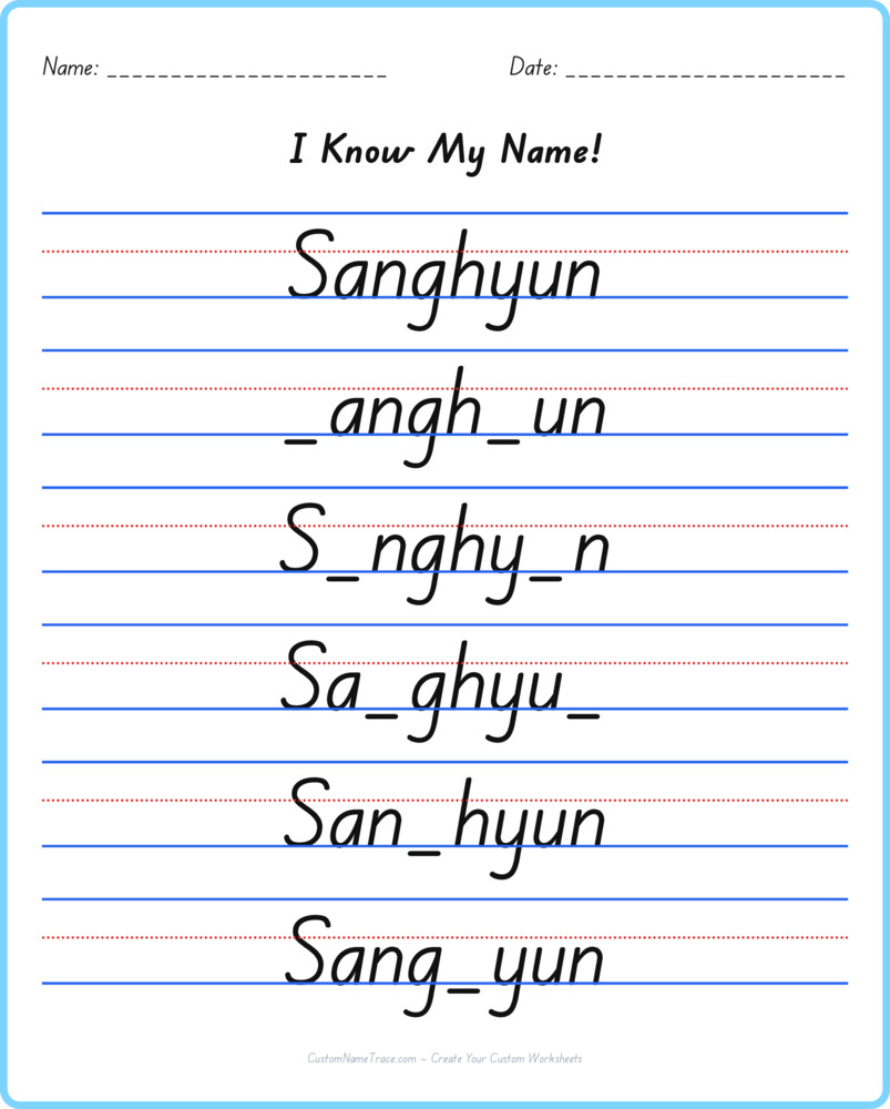 Free Sanghyun custom name tracing - fill-in-the-blank free worksheet