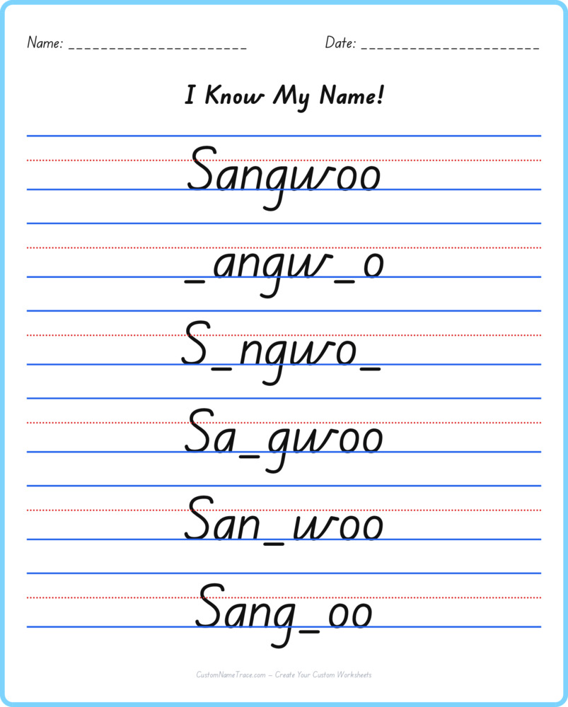 Free Sangwoo custom name tracing - fill-in-the-blank free worksheet