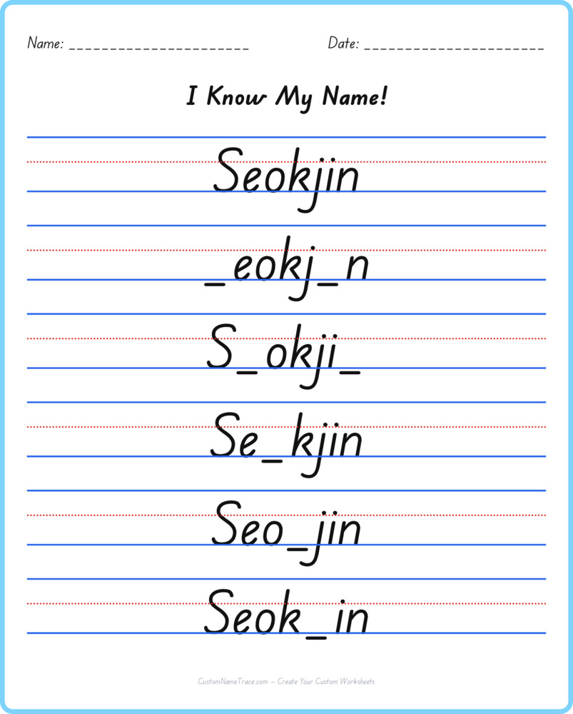 Free Seokjin custom name tracing - fill-in-the-blank free worksheet
