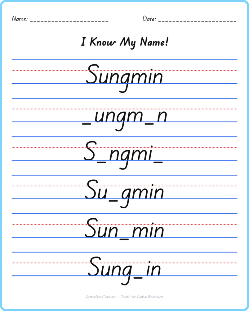 Free Sungmin custom name tracing - fill-in-the-blank free worksheet