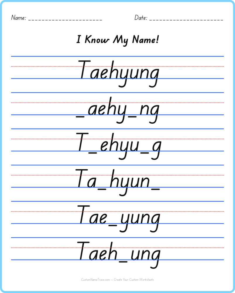 Free Taehyung custom name tracing - fill-in-the-blank free worksheet