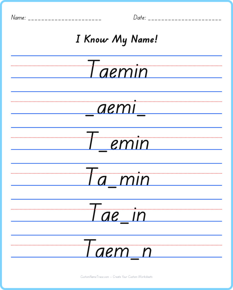 Free Taemin custom name tracing - fill-in-the-blank free worksheet